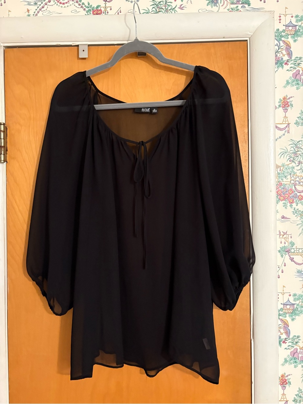 a.n.a Black Sheer Tie-Neck Blouse